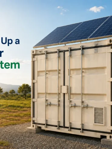 A shipping container with solar panels on top sits on a grassy landscape under a clear blue sky.