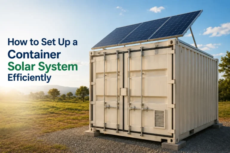 A shipping container with solar panels on top sits on a grassy landscape under a clear blue sky.