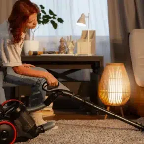 A woman vacuuming a cozy living room with a modern vacuum cleaner. Warm lighting from a lamp and a desk create an inviting atmosphere.