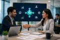 Two business professionals shake hands in an office, smiling. A digital presentation screen shows various business icons. Teamwork and success theme.