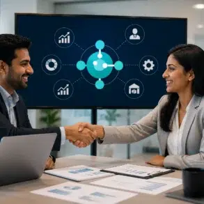 Two business professionals shake hands in an office, smiling. A digital presentation screen shows various business icons. Teamwork and success theme.