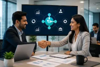 Two business professionals shake hands in an office, smiling. A digital presentation screen shows various business icons. Teamwork and success theme.