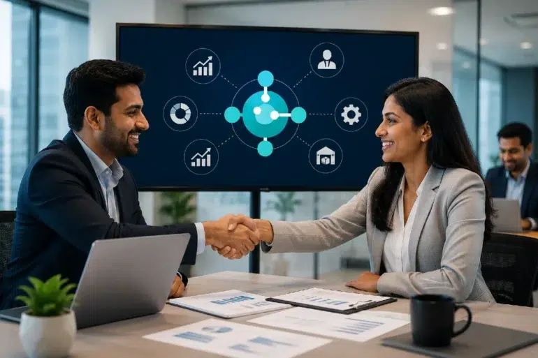 Two business professionals shake hands in an office, smiling. A digital presentation screen shows various business icons. Teamwork and success theme.