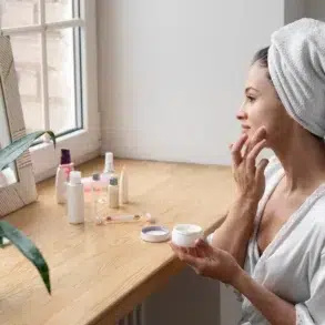 A woman in a robe and towel turban applies face cream at a wooden vanity. Skincare products are arranged beside her, with a potted plant in view.