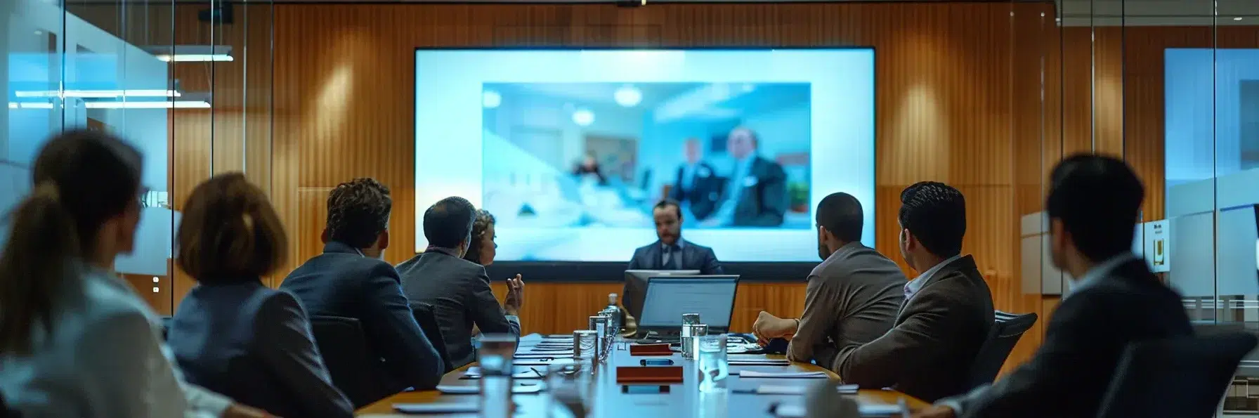 A business meeting in a modern conference room shows people seated at a long table facing a large screen. The room conveys a professional and focused atmosphere.