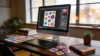 A cozy workspace features a computer displaying colorful sticker designs, surrounded by books, printed stickers, a drawing tablet, and a small plant.