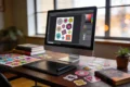 A cozy workspace features a computer displaying colorful sticker designs, surrounded by books, printed stickers, a drawing tablet, and a small plant.