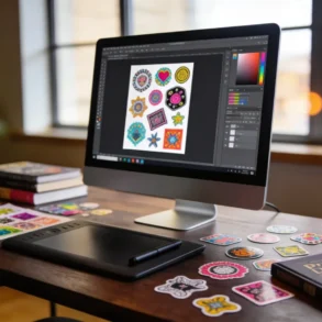 A cozy workspace features a computer displaying colorful sticker designs, surrounded by books, printed stickers, a drawing tablet, and a small plant.