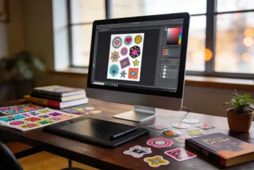 A cozy workspace features a computer displaying colorful sticker designs, surrounded by books, printed stickers, a drawing tablet, and a small plant.