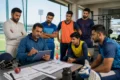 A cricket coach discusses strategy on a tablet with attentive players in a sports facility, creating a focused and analytical atmosphere.