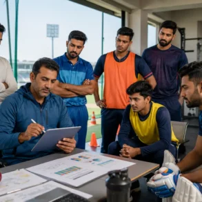 A cricket coach discusses strategy on a tablet with attentive players in a sports facility, creating a focused and analytical atmosphere.