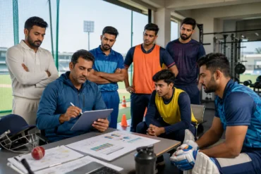 A cricket coach discusses strategy on a tablet with attentive players in a sports facility, creating a focused and analytical atmosphere.