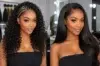 Two images show a woman with different hairstyles: left features intricate braids with loose curls, right shows smooth, long straight hair. Both convey elegance.