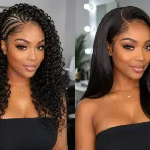 Two images show a woman with different hairstyles: left features intricate braids with loose curls, right shows smooth, long straight hair. Both convey elegance.