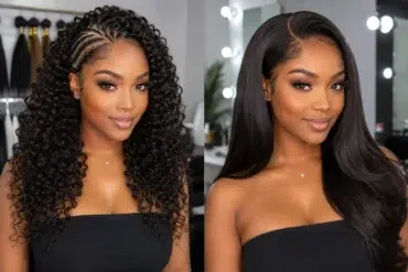 Two images show a woman with different hairstyles: left features intricate braids with loose curls, right shows smooth, long straight hair. Both convey elegance.