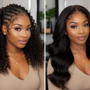 Two side-by-side images of a woman with different hairstyles: left shows tight curls with cornrows, right shows sleek, wavy hair. She wears a beige top.