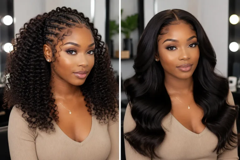 Two side-by-side images of a woman with different hairstyles: left shows tight curls with cornrows, right shows sleek, wavy hair. She wears a beige top.