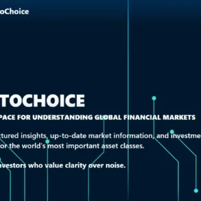CryptoChoice promotional image with a dark blue background featuring circuit-like lines. Bold text reads 'CRYPTOCHOICE' followed by 'A focused space for understanding global financial markets.' Subtext mentions structured insights and investment perspectives. Emphasizes clarity for investors. Modern and professional tone.