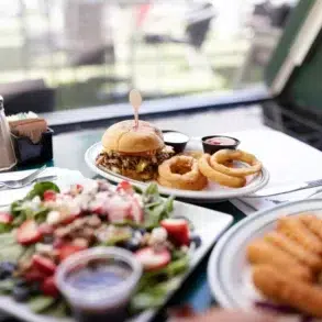 A table with a gourmet burger and onion rings, fresh salad with berries, and a plate of crispy mozzarella sticks, evoking a casual dining atmosphere.