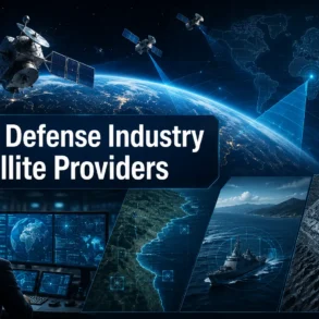 A futuristic image displaying satellites orbiting Earth, with a person monitoring screens. Text reads "Best Defense Industry Satellite Providers." The tone is high-tech and strategic.