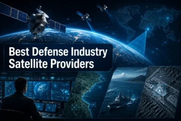 A futuristic image displaying satellites orbiting Earth, with a person monitoring screens. Text reads "Best Defense Industry Satellite Providers." The tone is high-tech and strategic.