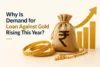 A burlap sack with a currency symbol, gold bangles, and an upward graph illustrate growing interest in gold loans.