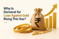 A burlap sack with a currency symbol, gold bangles, and an upward graph illustrate growing interest in gold loans.