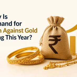 A burlap sack with a currency symbol, gold bangles, and an upward graph illustrate growing interest in gold loans.