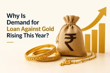 A burlap sack with a currency symbol, gold bangles, and an upward graph illustrate growing interest in gold loans.