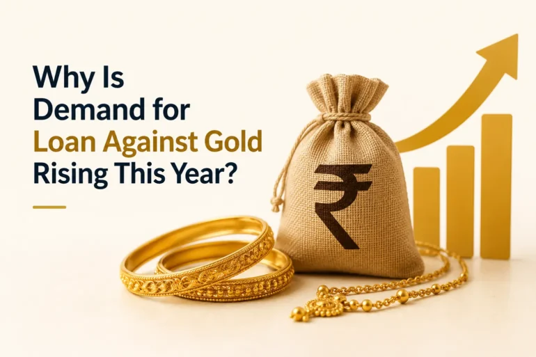A burlap sack with a currency symbol, gold bangles, and an upward graph illustrate growing interest in gold loans.