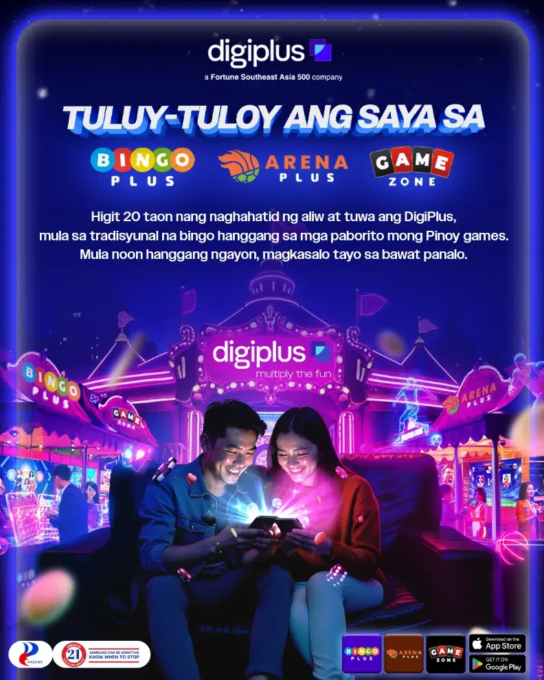 Advertisement for DigiPlus gaming platform featuring Bingo Plus, Arena Plus, and Game Zone with two people playing on mobile devices.