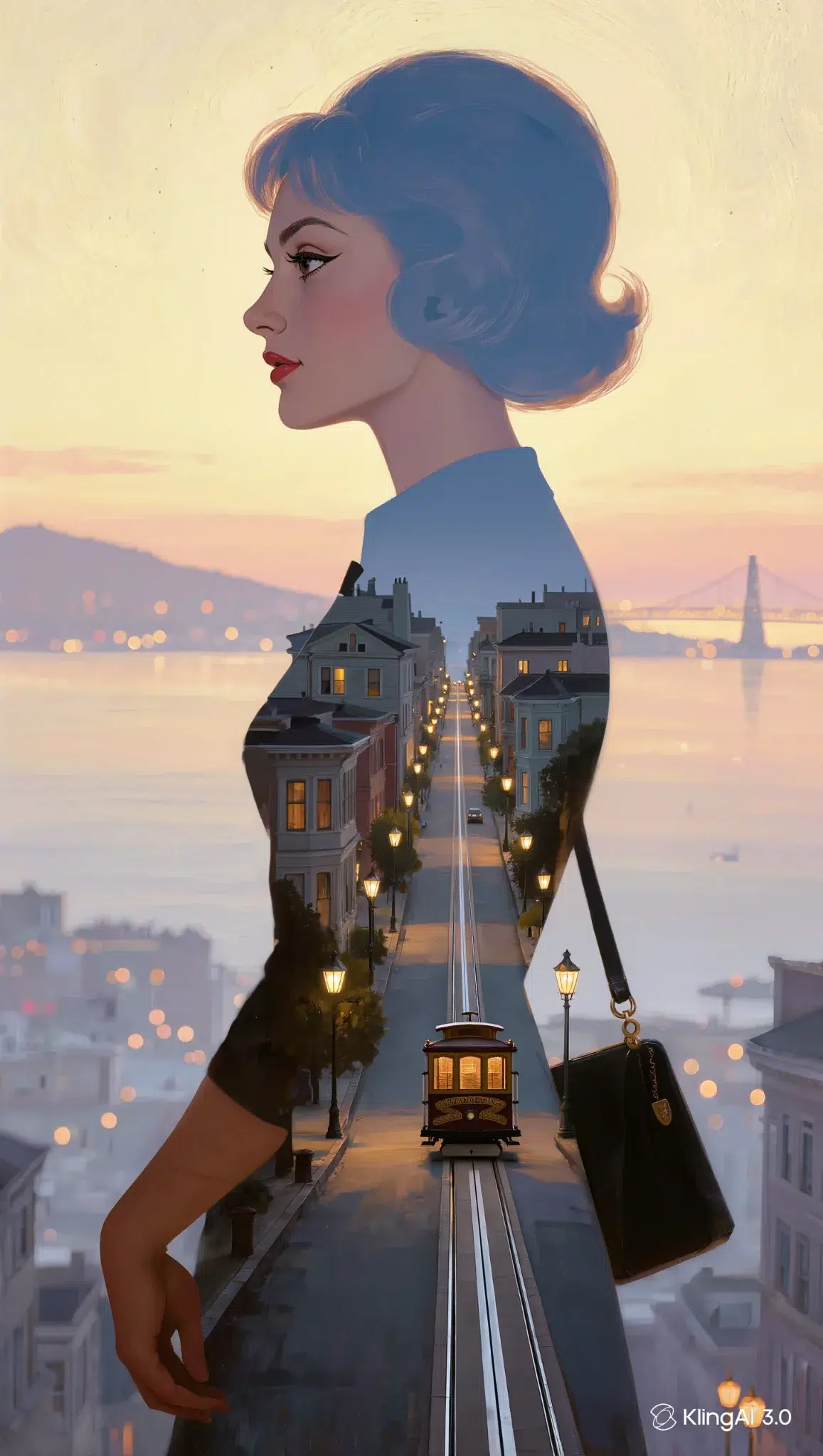 Double exposure art of a woman in profile with a serene expression, overlaying a city street and cable car at sunset, creating a nostalgic and dreamy mood.