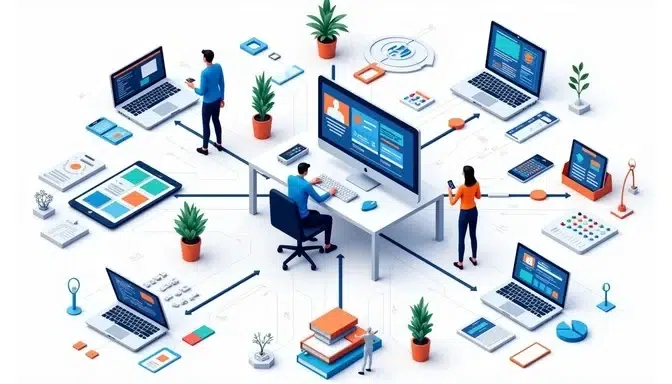 A digital workspace with three people using laptops and a large screen, surrounded by plants, charts, and office supplies. The scene is modern and dynamic.