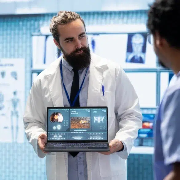 A doctor with a beard in a white coat holds a laptop displaying medical data, presenting to colleagues in a clinical setting. The mood is focused and professional.