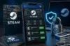 Smartphone displaying the Steam app with gift card options and prices. Nearby, a gift card, shopping cart, lock, shield, and laptop emphasize security.