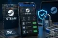 Smartphone displaying the Steam app with gift card options and prices. Nearby, a gift card, shopping cart, lock, shield, and laptop emphasize security.