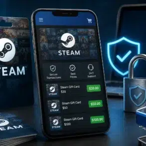 Smartphone displaying the Steam app with gift card options and prices. Nearby, a gift card, shopping cart, lock, shield, and laptop emphasize security.