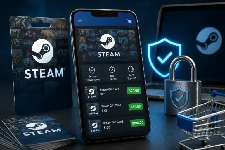 Smartphone displaying the Steam app with gift card options and prices. Nearby, a gift card, shopping cart, lock, shield, and laptop emphasize security.