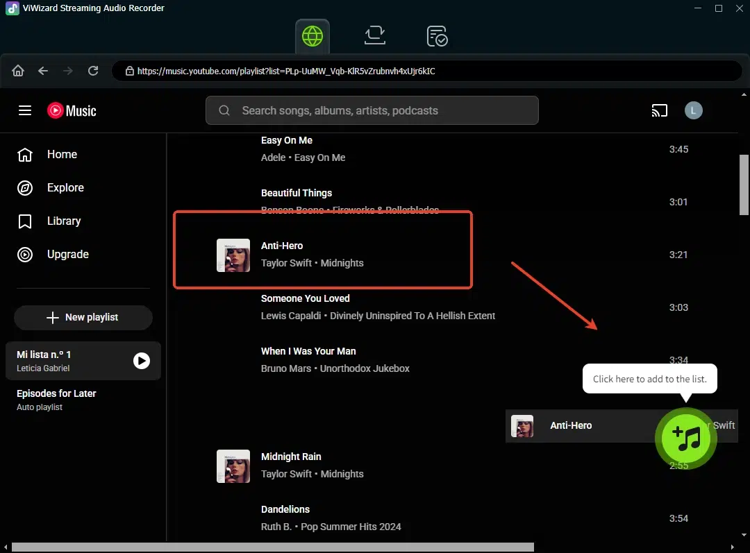 YouTube Music playlist interface showing a black background. "Anti-Hero" by Taylor Swift is highlighted with options for adding to a playlist.