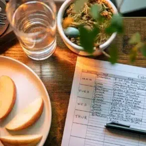 Apple slices on a plate, a glass of water, and a calorie counter sheet on a wood table, creating a health-focused, organized atmosphere.