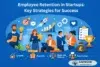 Illustration showing diverse professionals discussing startup employee retention strategies. Icons depict growth, rewards, work-life balance, and team culture.