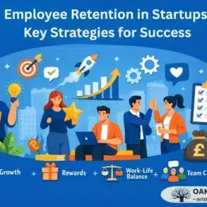 Illustration showing diverse professionals discussing startup employee retention strategies. Icons depict growth, rewards, work-life balance, and team culture.
