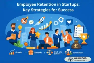 Illustration showing diverse professionals discussing startup employee retention strategies. Icons depict growth, rewards, work-life balance, and team culture.