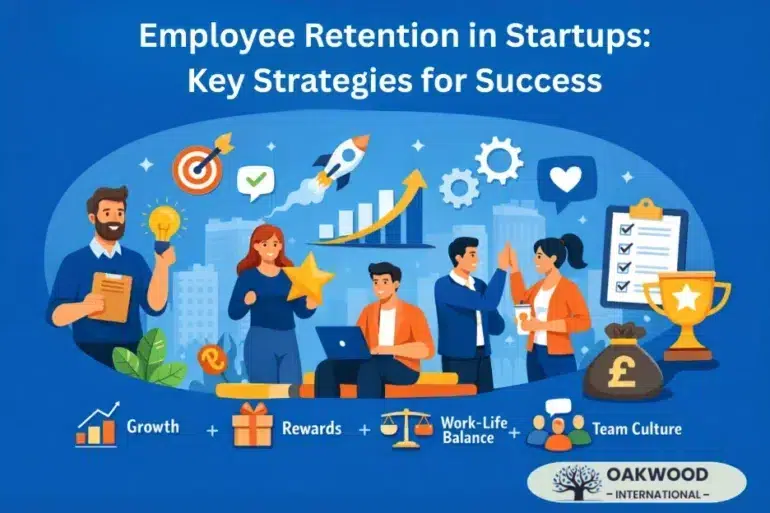 Illustration showing diverse professionals discussing startup employee retention strategies. Icons depict growth, rewards, work-life balance, and team culture.