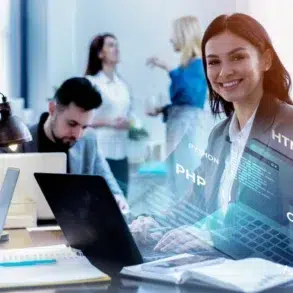 Smiling woman in a suit sits at a desk with a laptop, surrounded by holographic programming languages like PHP and Java. Colleagues converse in the background.