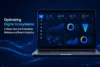 Laptop displaying Optimizing Digital Ecosystems analytics dashboards with charts and graphs, set against a dark blue digital background.