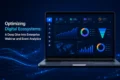 Laptop displaying Optimizing Digital Ecosystems analytics dashboards with charts and graphs, set against a dark blue digital background.