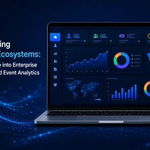 Laptop displaying Optimizing Digital Ecosystems analytics dashboards with charts and graphs, set against a dark blue digital background.