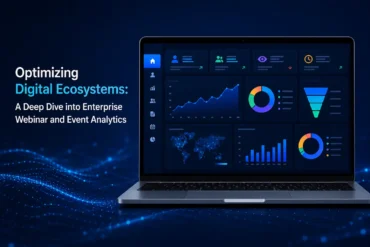 Laptop displaying Optimizing Digital Ecosystems analytics dashboards with charts and graphs, set against a dark blue digital background.