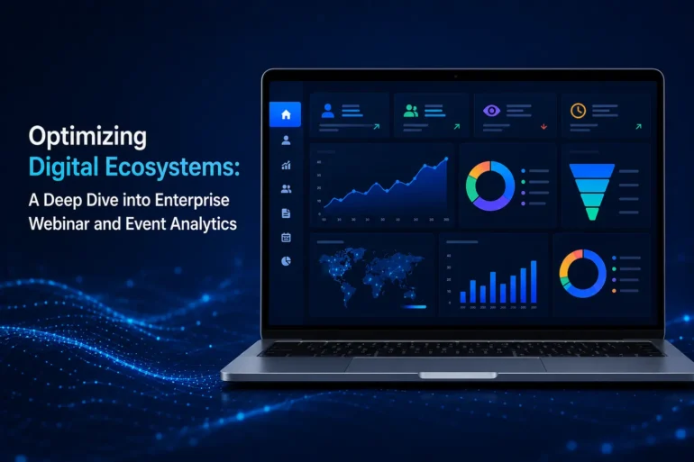 Laptop displaying Optimizing Digital Ecosystems analytics dashboards with charts and graphs, set against a dark blue digital background.
